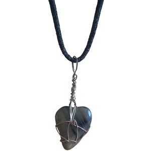 Handmade Wire Wrapped Heart Stone Pendant Black Cord Necklace Boho Artisan
